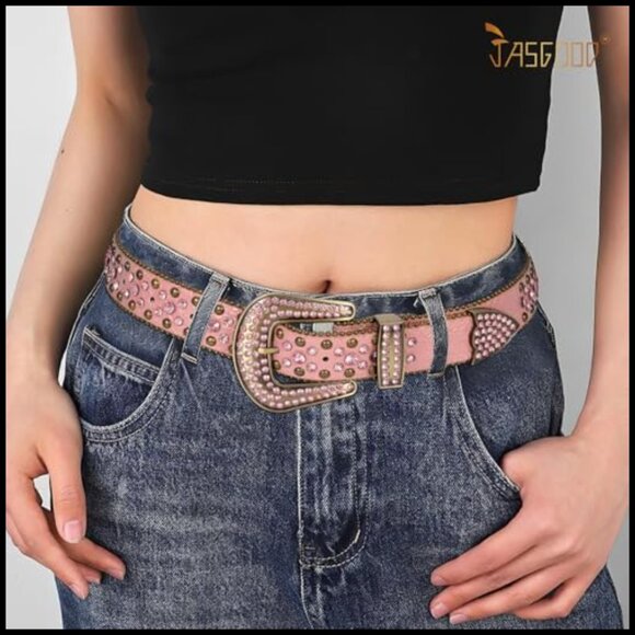 Western Rhinestone Belt with Faux Crocodile Grain Leather and Detachable Buckle main image 4